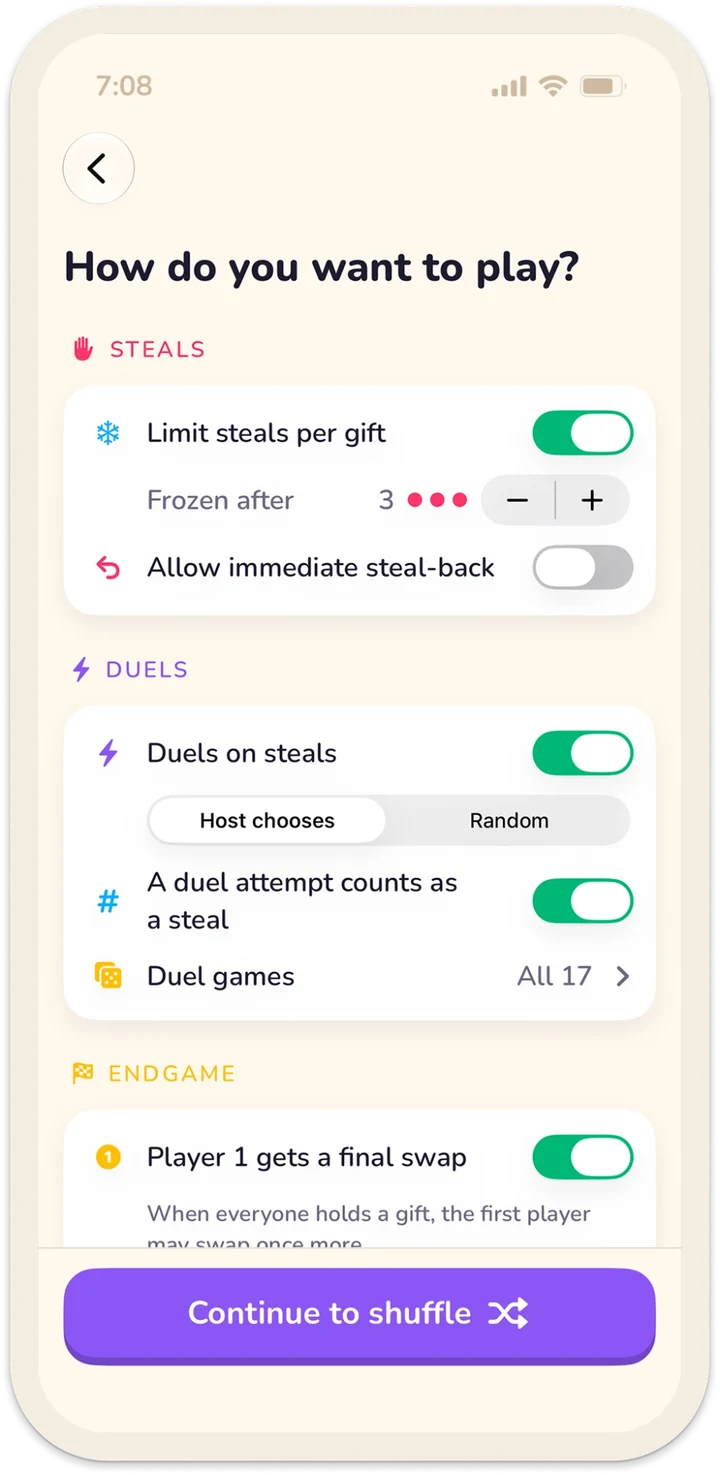 Rules screen with steal limits, duels and an endgame final swap