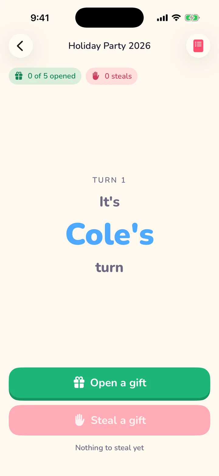 Turn screen reading It's Cole's turn, with Open a gift and Steal a gift buttons
